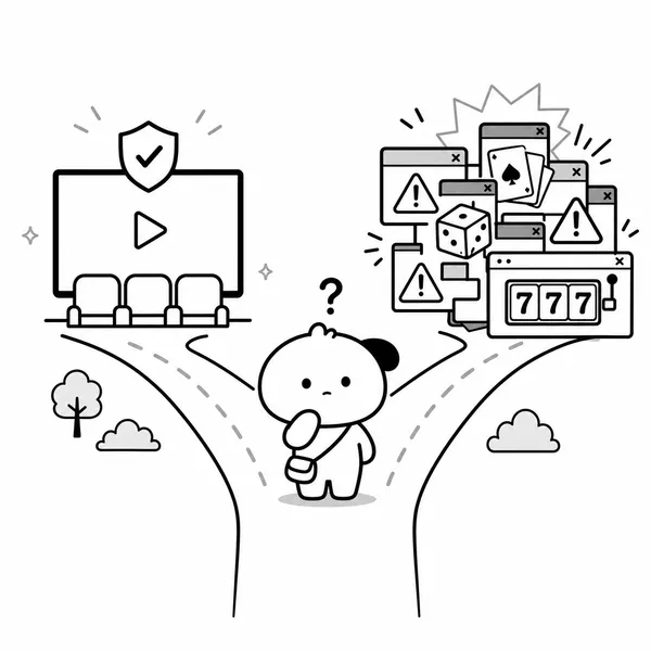 합법 무료 영화 사이트와 위험한 불법 스트리밍 사이트를 갈림길로 비교한 그림