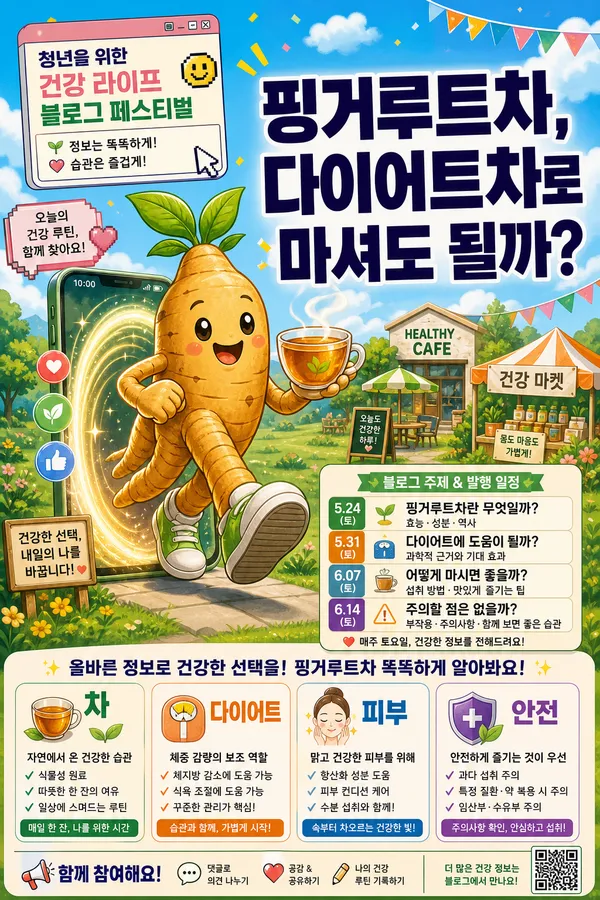 핑거루트 캐릭터가 차를 들고 있는 핑거루트차 다이어트 기대치 안내 포스터