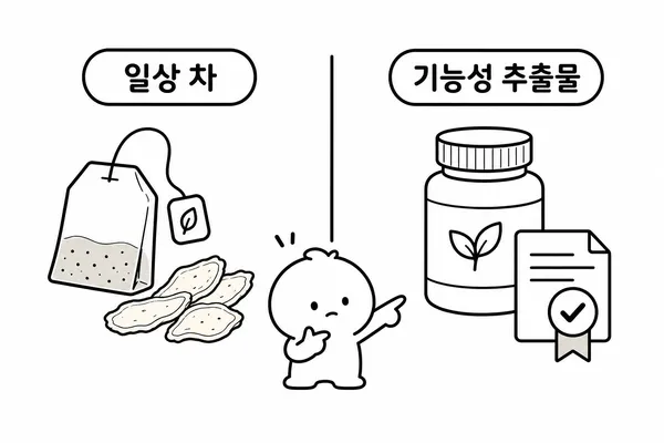 핑거루트 티백과 표준화 추출분말 제품의 차이를 비교한 그림