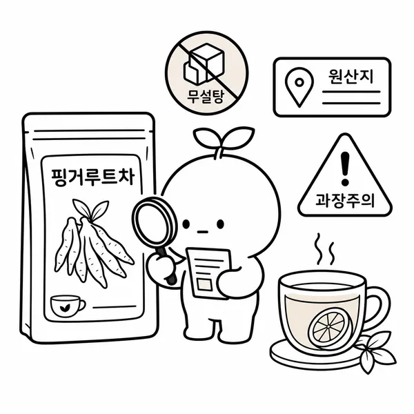 무가당 표시와 원산지를 확인하며 핑거루트차를 고르는 체크리스트 그림
