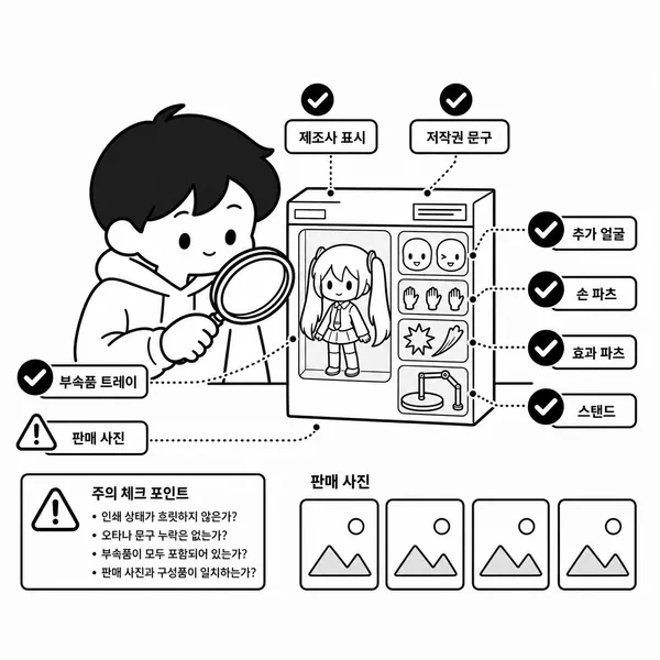 피규어 박스의 제조사 표기와 구성품을 돋보기로 확인하는 정품 체크 일러스트