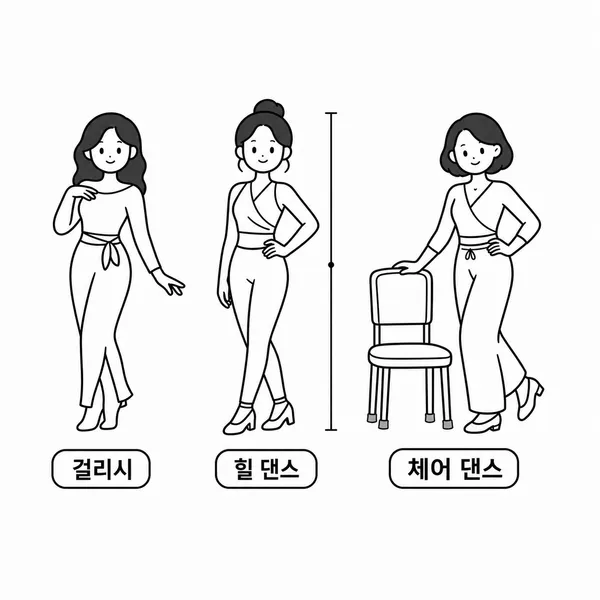 걸리시 힐댄스 체어댄스 차이를 설명하는 단순한 댄서 일러스트