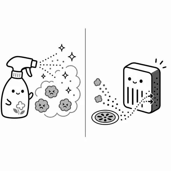 향으로 냄새를 덮는 방향제와 냄새를 흡착하는 탈취제를 비교한 그림
