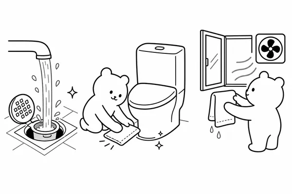 배수구와 변기 주변을 청소하고 환기하는 화장실 냄새 관리 그림