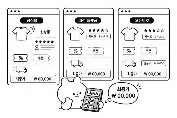 블루포스 공식몰, 패션 플랫폼, 오픈마켓 구매 조건을 비교하는 그림