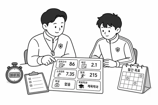 입시 코치와 학생이 모의고사 내신 실기 기록 부상 상태가 적힌 진단표를 확인하는 모습
