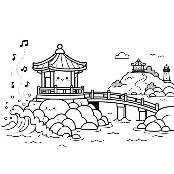 영금정 해상 정자와 바위에 부딪히는 파도 소리를 설명한 그림