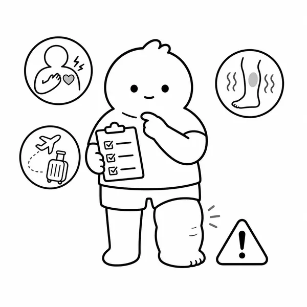 한쪽 다리 붓기와 통증, 열감, 흉부 불편감 등 진료가 필요한 신호를 보여주는 그림