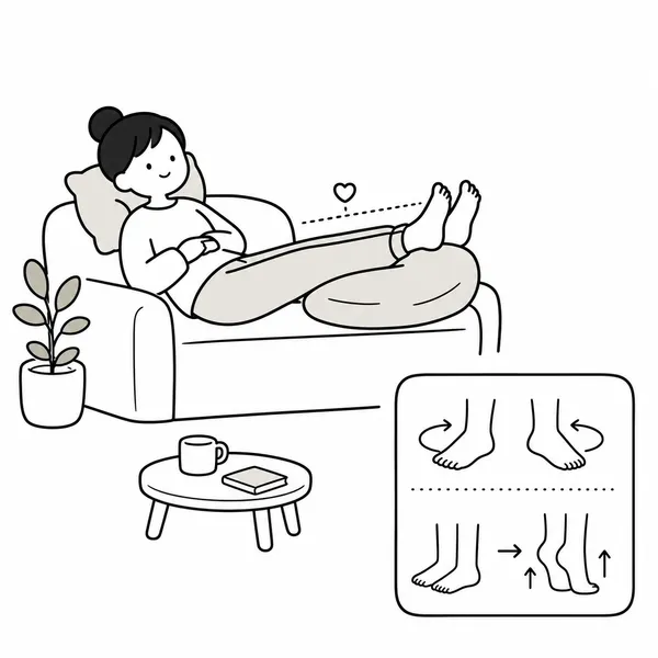 소파에 누워 다리를 심장보다 높게 올리고 발목 운동을 하는 모습