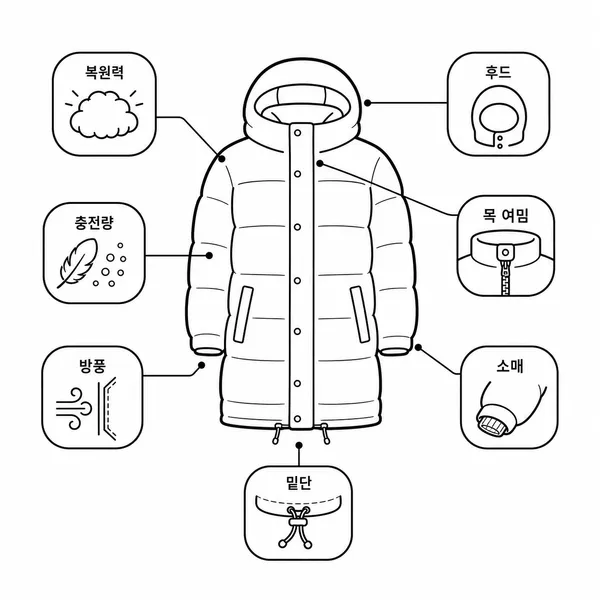 롱다운 보온성을 필파워, 충전량, 방풍성, 후드, 손목 마감으로 함께 비교하는 그림