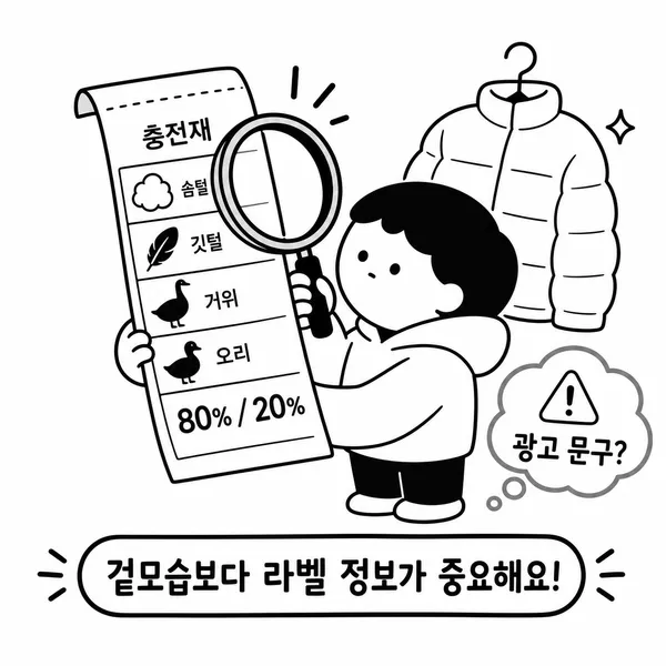 롱다운 케어라벨의 솜털과 깃털 비율을 돋보기로 확인하는 소비자 그림