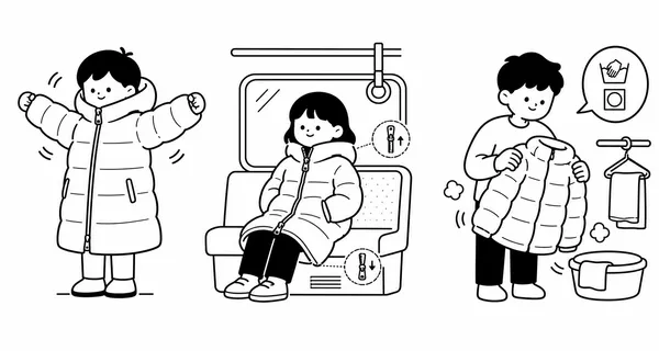 롱다운을 입고 팔을 들어보고 앉아보고 세탁 후 말리는 장면을 보여주는 그림