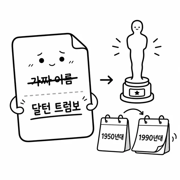 가려졌던 이름 아래 돌턴 트럼보의 이름이 드러나고 뒤늦게 수상 공로가 인정되는 모습