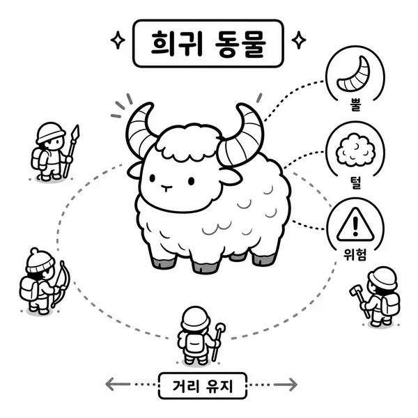 림월드의 희귀한 뿔 달린 동물 트럼보와 사냥 및 길들이기 위험을 나타낸 게임 가이드 일러스트