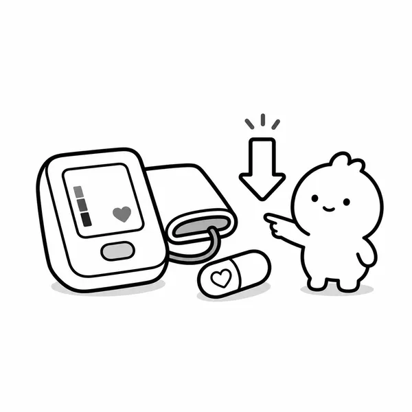혈압계와 코큐텐 캡슐이 혈압 관리 보조를 설명하는 일러스트