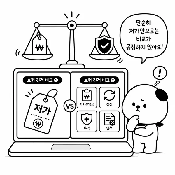 저렴한 보험료와 보장 범위를 저울에 놓고 비교하는 일러스트