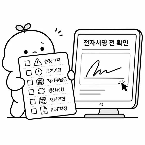 전자서명 전 건강고지와 면책기간을 확인하는 보험 가입 체크리스트 일러스트