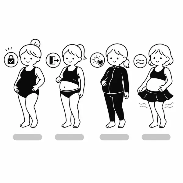 원피스형 탱키니형 래시가드형 스커트형 임산부수영복을 비교한 일러스트