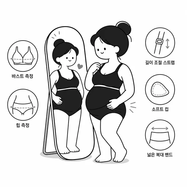 거울 앞에서 어깨끈과 배 밴드 착용감을 확인하는 임산부 일러스트
