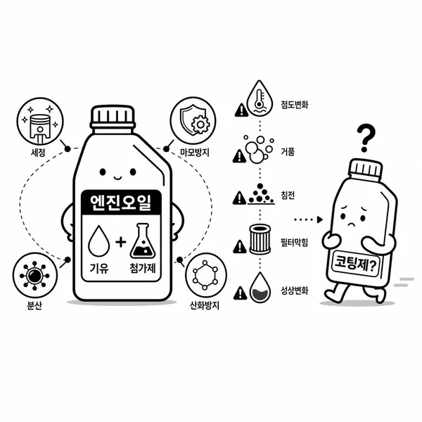 완성된 엔진오일 첨가제 균형과 별도 엔진코팅제 사용 시 주의점을 보여주는 일러스트