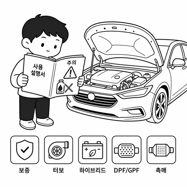 차량 소유자가 제조사 매뉴얼의 엔진오일 첨가제 경고를 확인하는 장면
