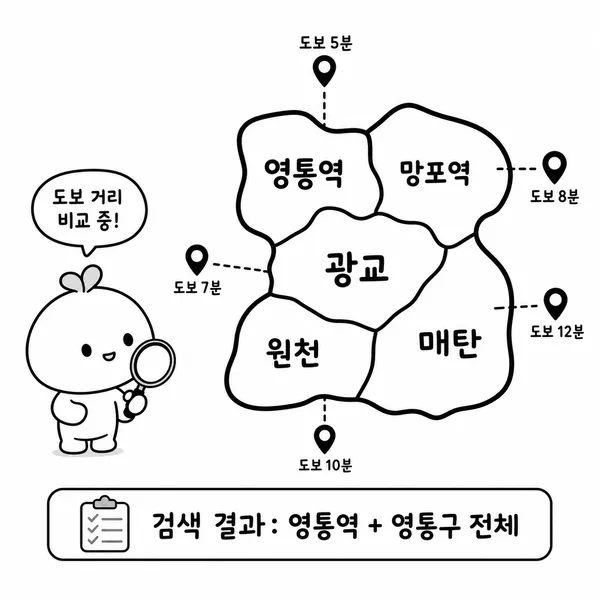 영통역과 망포역, 광교, 원천, 매탄을 나눠 보는 영통구 맛집 범위 지도