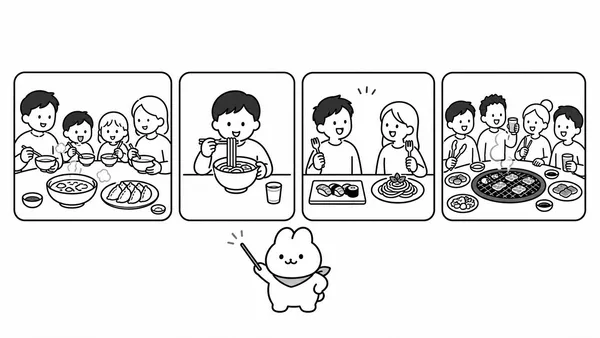 가족 식사, 혼밥 점심, 데이트, 회식을 목적별로 나눈 메뉴 선택 그림