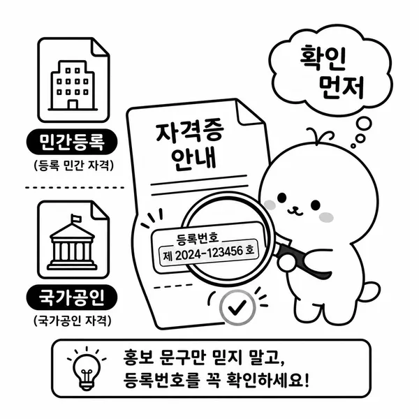 자격증 등록번호와 등록 민간자격 국가공인 여부를 돋보기로 확인하는 그림