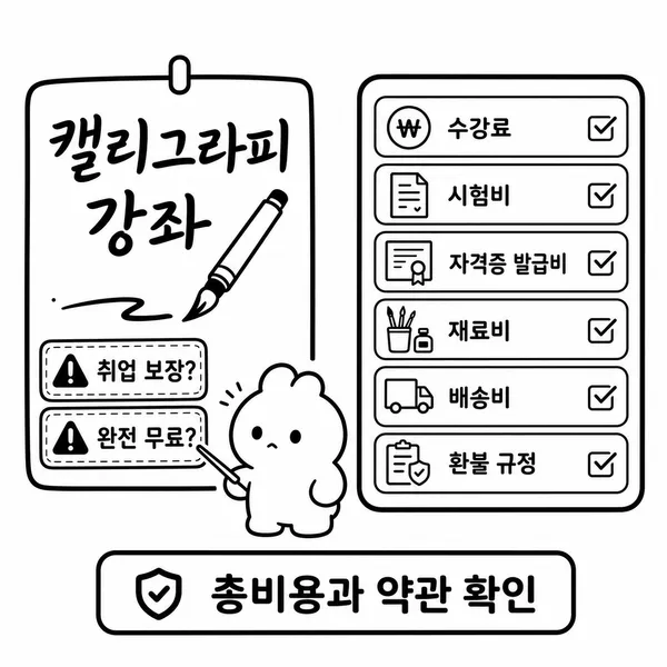 캘리그라피 과정 광고에서 수강료 응시료 발급비 재료비 환불 규정을 확인하는 체크리스트