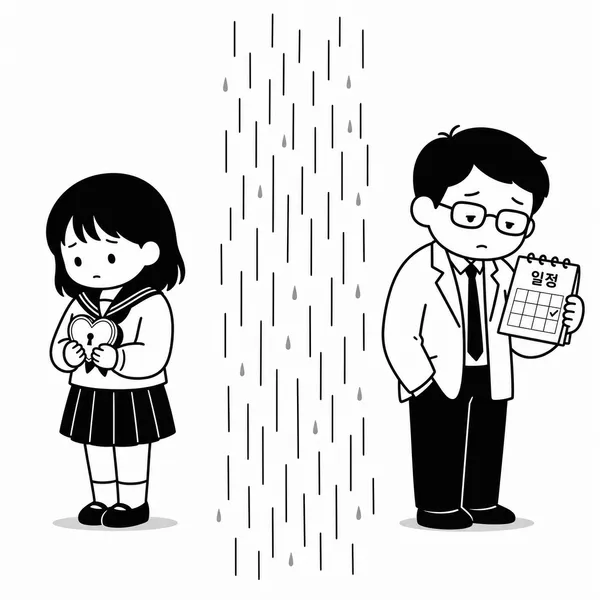 비를 사이에 두고 떨어져 선 상처 많은 여고생과 대학강사의 상징 일러스트