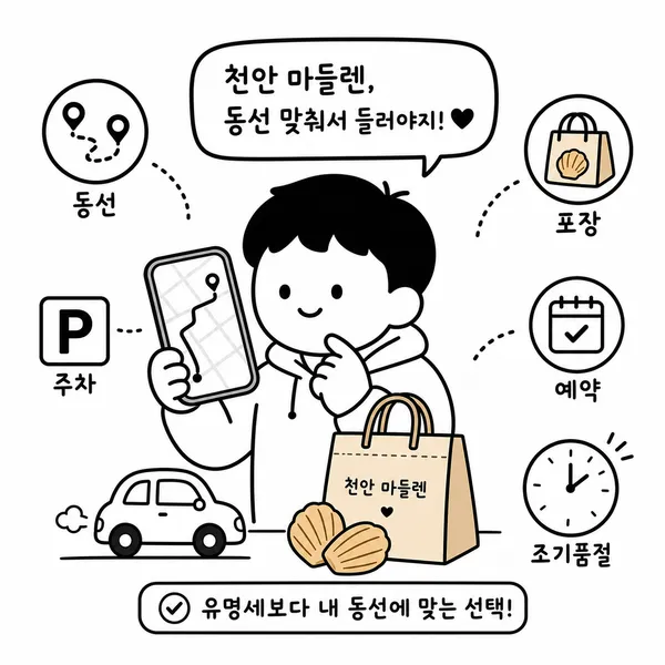 지도와 포장 가방을 보며 천안 마들렌 방문 동선을 계획하는 모습