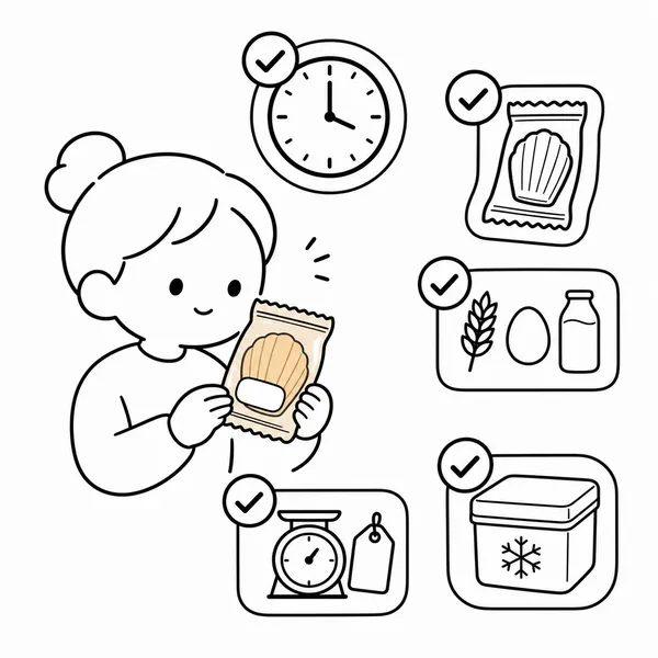 마들렌 포장의 제조 시간, 개별 포장, 알레르기, 가격, 보관 정보를 확인하는 이미지