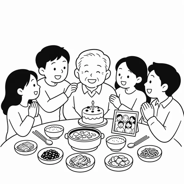 가족과 식당에서 생일 식사를 함께하는 60대 아버지