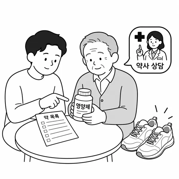 건강기능식품 성분과 복용 약을 함께 확인하는 아버지와 자녀