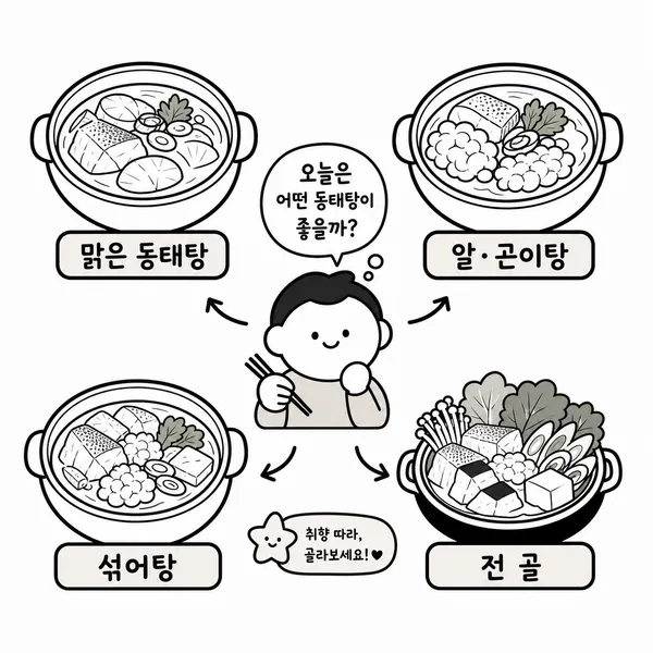 동태탕, 알곤이탕, 섞어탕, 전골의 선택 기준을 보여주는 메뉴 안내 일러스트