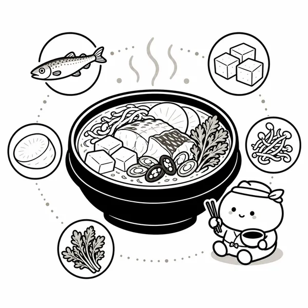 동태, 두부, 무, 콩나물, 미나리가 어우러진 동태탕 한 그릇 일러스트