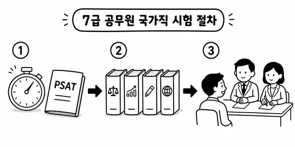 국가직 7급공무원시험의 PSAT, 전문과목, 면접 3단계를 나타낸 일러스트