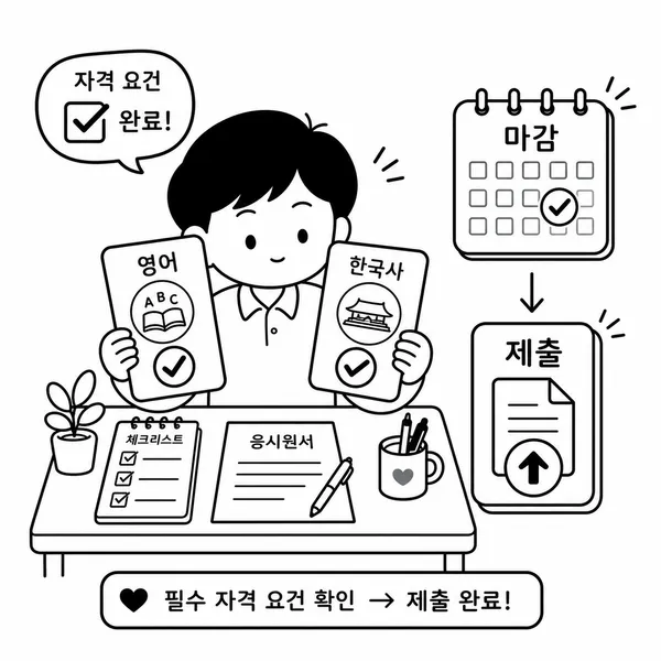 영어 시험과 한국사능력검정시험 응시요건을 확인하는 수험생 일러스트