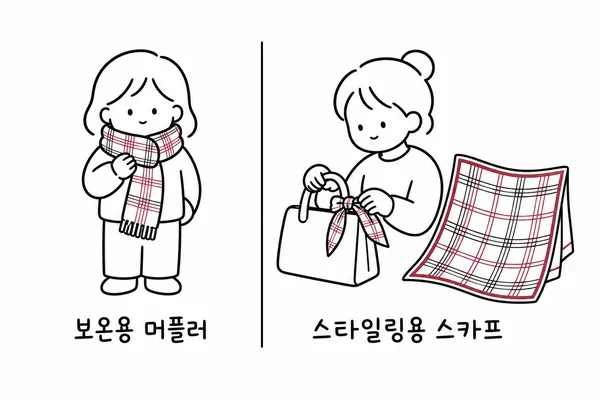 보온용 긴 머플러와 스타일링용 스카프의 활용법을 비교한 일러스트