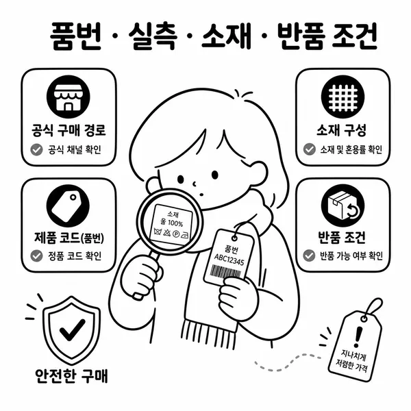 머플러 케어 라벨과 품번을 확인하며 정품 구매 조건을 점검하는 일러스트