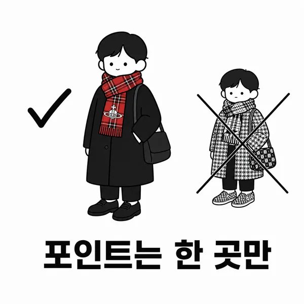 무채색 코트에 타탄 머플러만 포인트로 연출한 코디 비교 일러스트