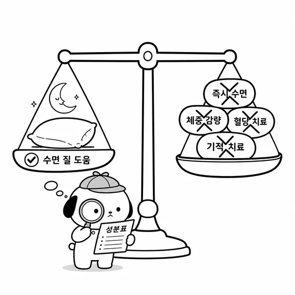 수면의 질 개선 기능성과 과장된 감태 효능 광고를 구분하는 그림