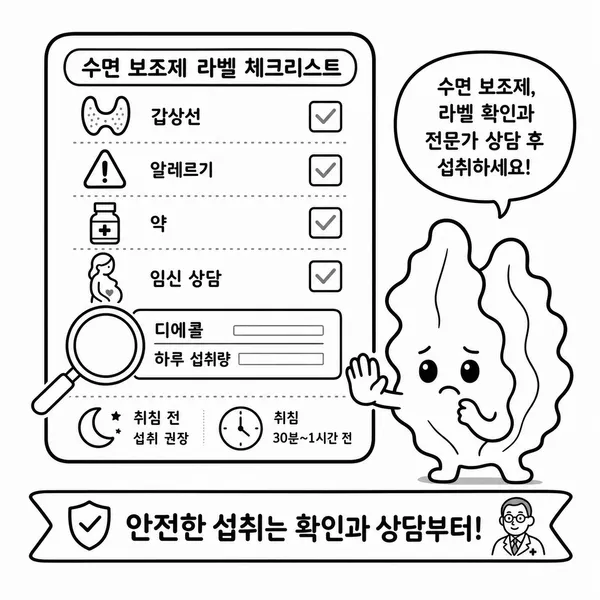 감태추출물 섭취 전 주의사항과 제품 라벨 확인 항목을 보여주는 그림