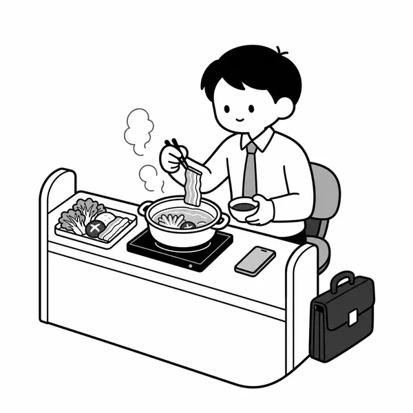 서초역 근처에서 1인 샤브샤브를 즐기는 직장인 일러스트