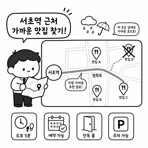 서초역에서 식당까지 거리와 예약 조건을 확인하는 지도 일러스트