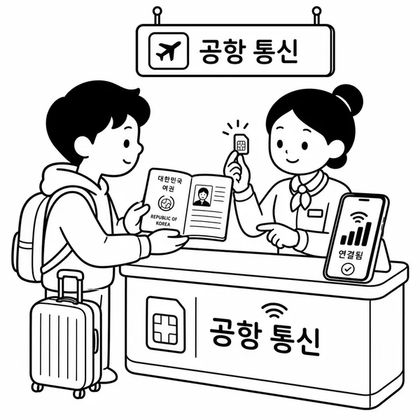 대만 공항 통신사 카운터에서 여권을 확인하고 선불 유심을 개통하는 여행자