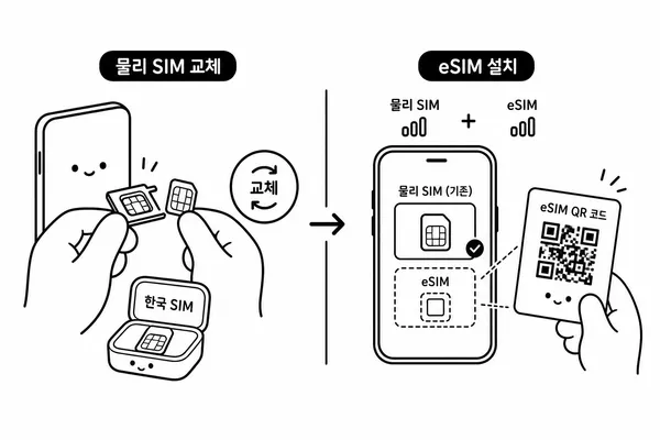 한국 유심을 보관하는 실물 유심 방식과 QR 코드로 설치하는 eSIM 방식을 비교한 이미지