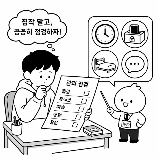출결과 휴대전화, 자습, 상담 규정을 확인하는 학생