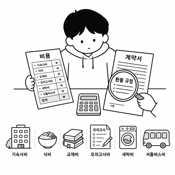 학원 비용 항목과 계약서, 환불 규정을 비교하는 학생