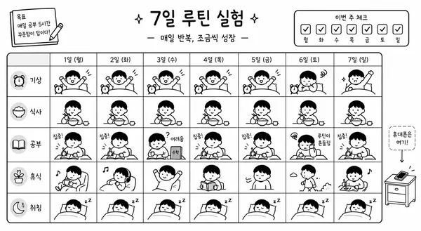 일주일 동안 기상과 자습, 휴식, 취침 루틴을 기록하는 학생